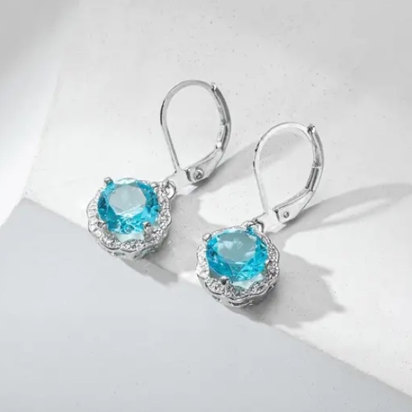 Light Blue Silver Toned Leverback Earrings - Picture 2 of 4